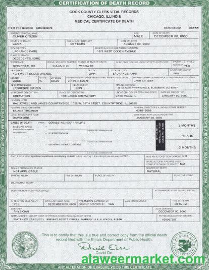 USA Illinois state death certificate template in PSD format
